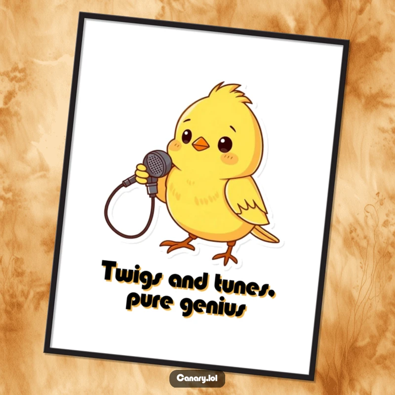 Funny Free Printable Wall Art: A tiny canary dramatically poses with a twig microphone, embodying a pint-sized rockstar.