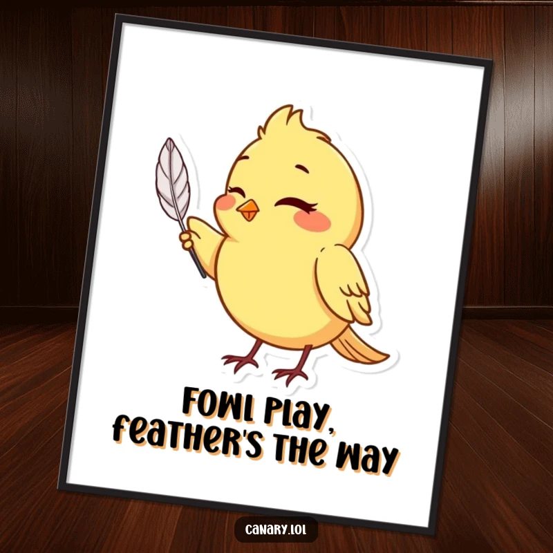 Funny free printable wall art: A canary bird with a playful wink, holding a single, exquisite feather delicately in its beak.
