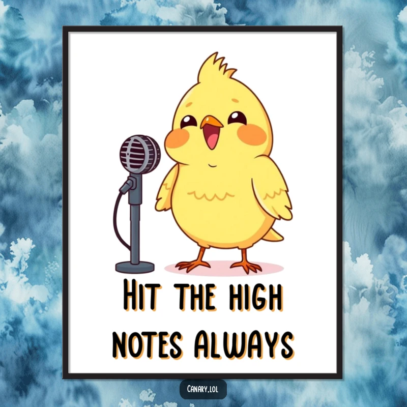 Funny free printable wall art: A canary beaming with pure joy, enthusiastically chirping into a tiny microphone. Musical home decor.