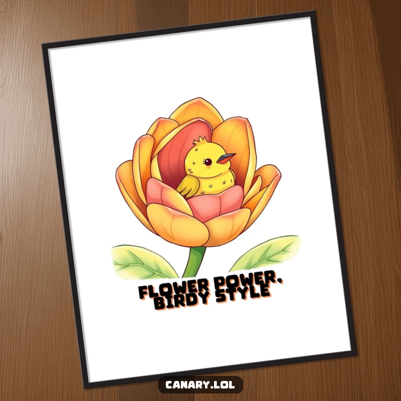 Funny Free Printable Wall Art: A cute canary peeks from inside a giant, colorful flower bud, adding whimsical charm.