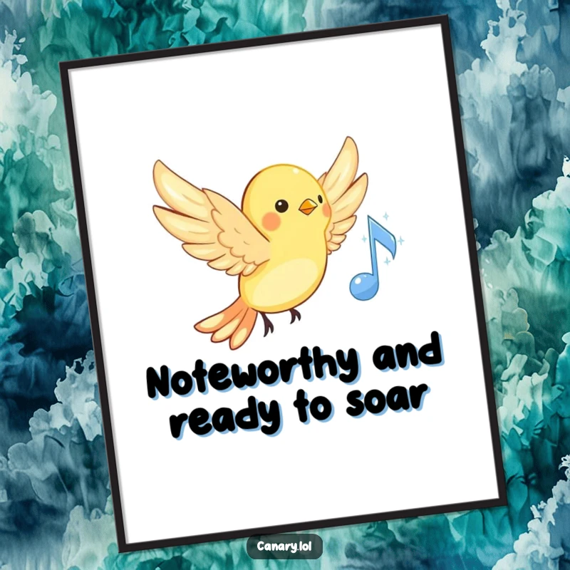 Funny Free Printable Wall Art: A vibrant canary with wings spread wide hovers near a sparkling musical note, radiating musical joy.