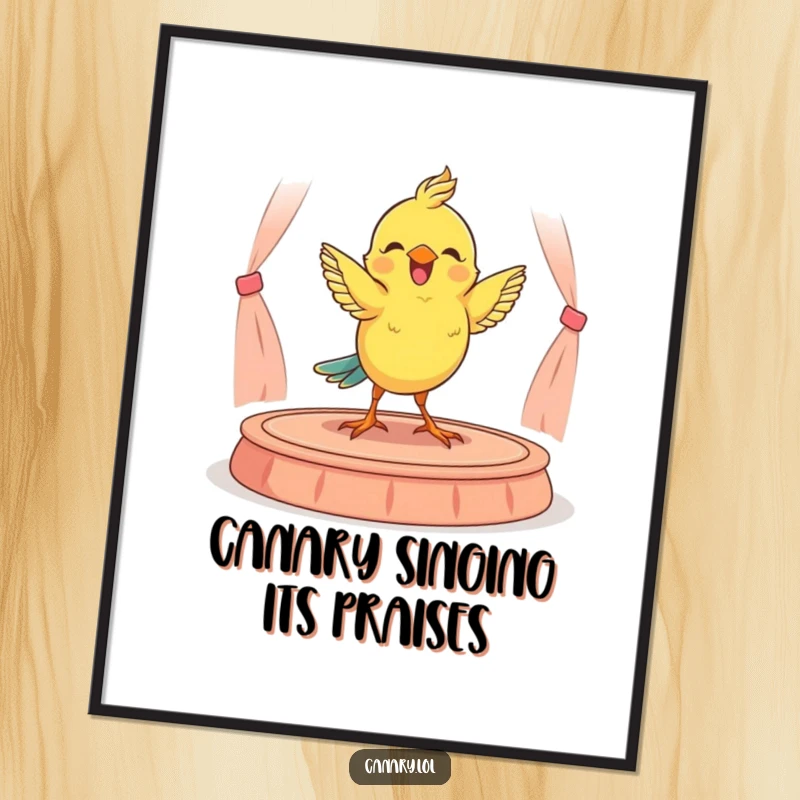 Funny Free Printable Wall Art: A joyful canary performing a charming little dance on a miniature stage, full of life.
