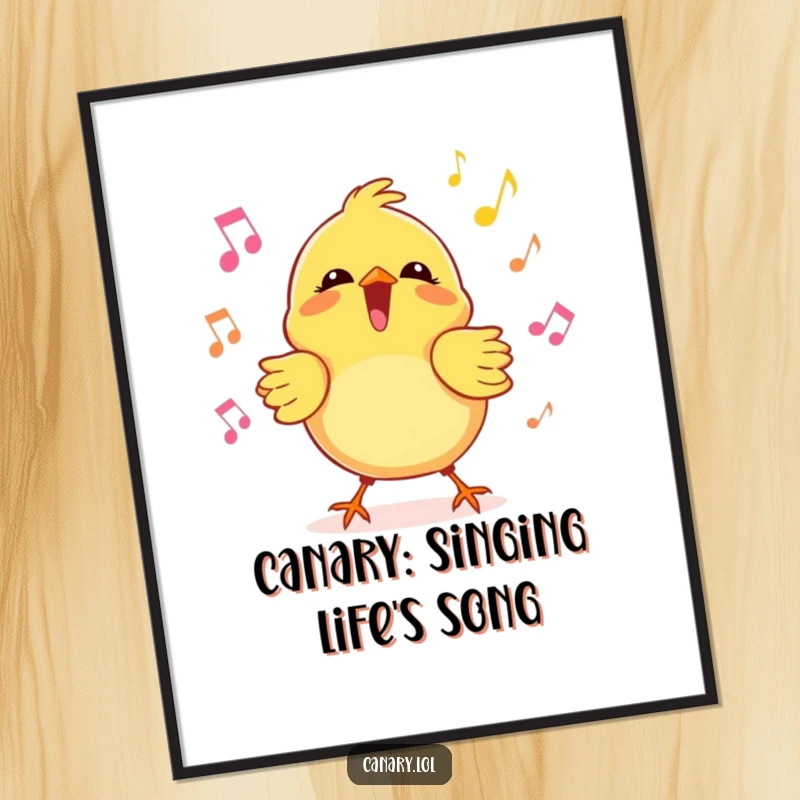 Funny free printable wall art featuring a kawaii canary bird singing joyfully, with animated musical notes floating around it.