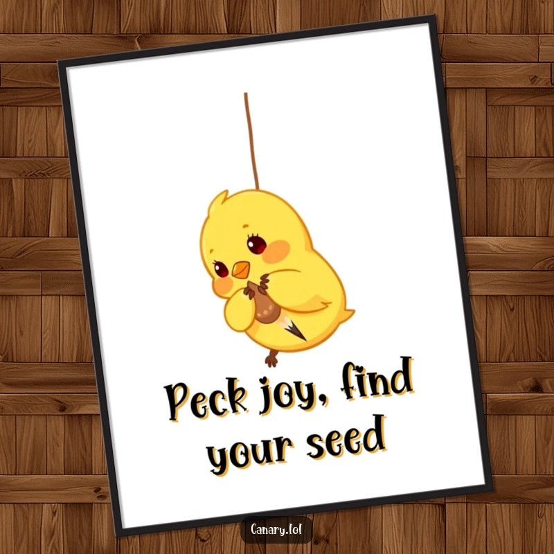 Funny Free Printable Wall Art: Bright yellow canary playfully pecking at a dangling seed with keen interest and focus.