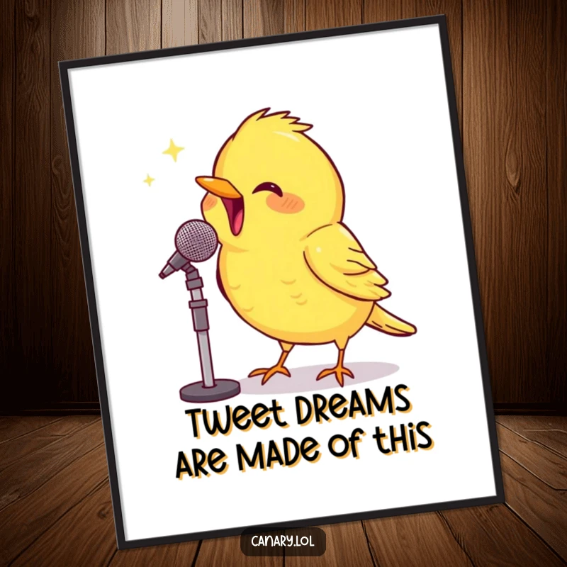 Funny free printable wall art: A happy canary beams, enthusiastically chirping into a tiny microphone, ready to perform its cheerful tune.