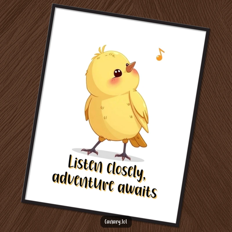 Funny Free Printable Wall Art: A curious canary bird tilts its head, listening intently, creating whimsical decor.