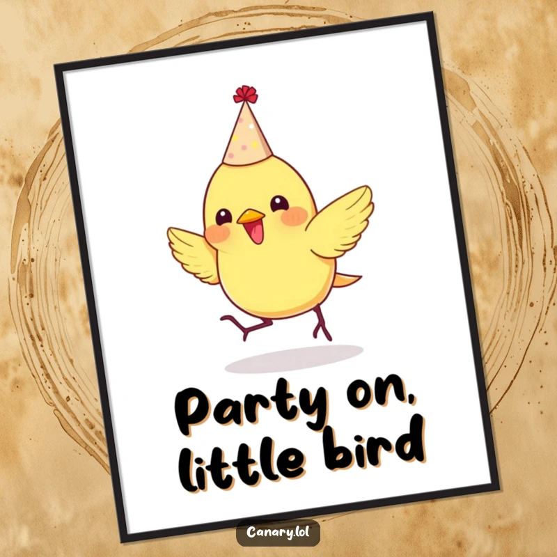 Funny Free Printable Wall Art: A canary in a tiny party hat bounces with infectious, enthusiastic energy.