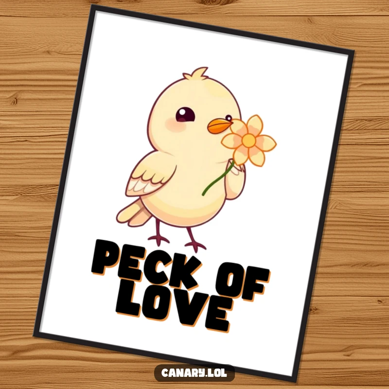 Cute free printable wall art: A bird adorably offering a single, bright flower with its beak. Sweet nature decor.