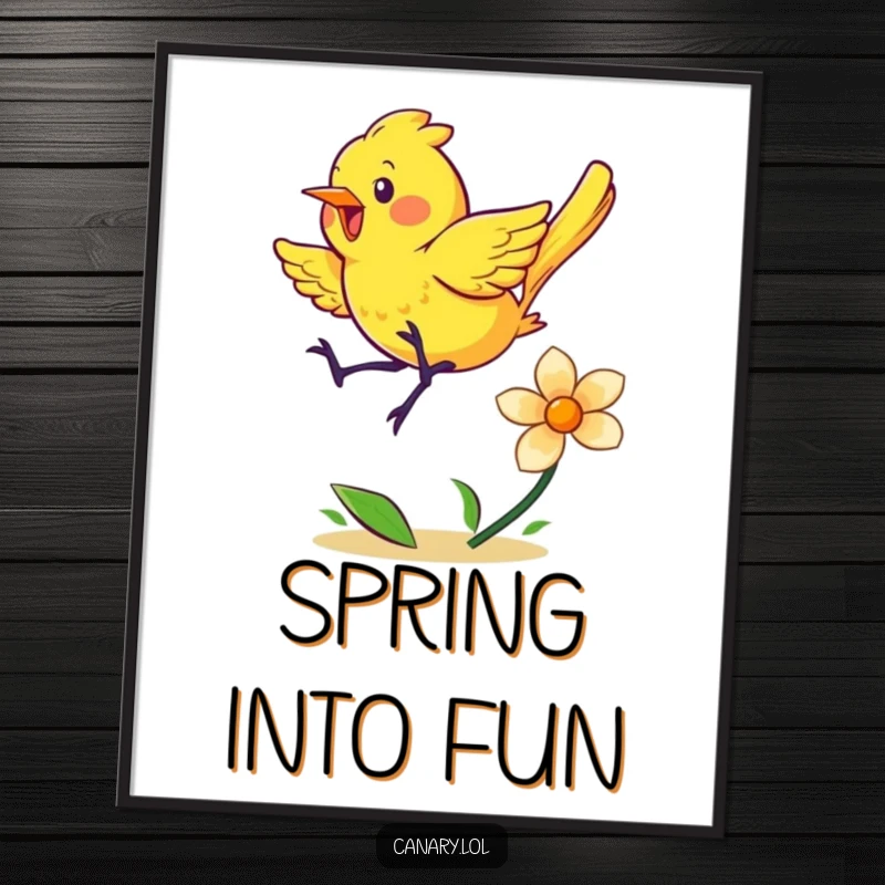 Funny Free Printable Wall Art: An energetic yellow canary leaping with joy on a bright flower bloom.