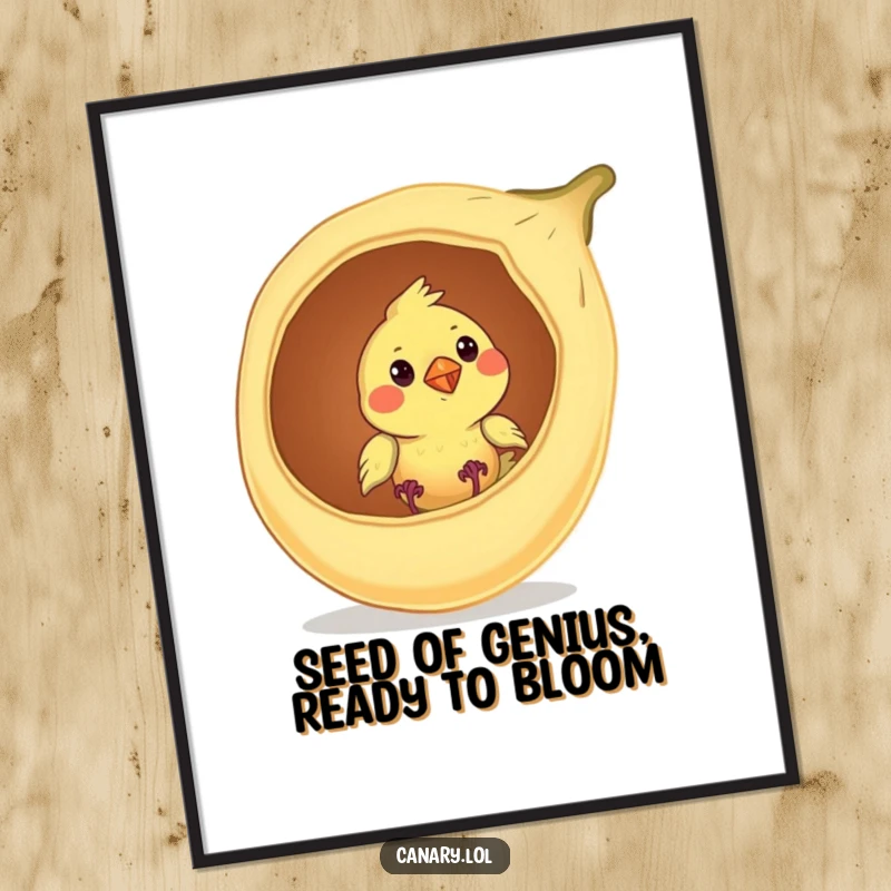 Funny Free Printable Wall Art: A curious canary bird peeking from a giant open seed pod, whimsical decor.