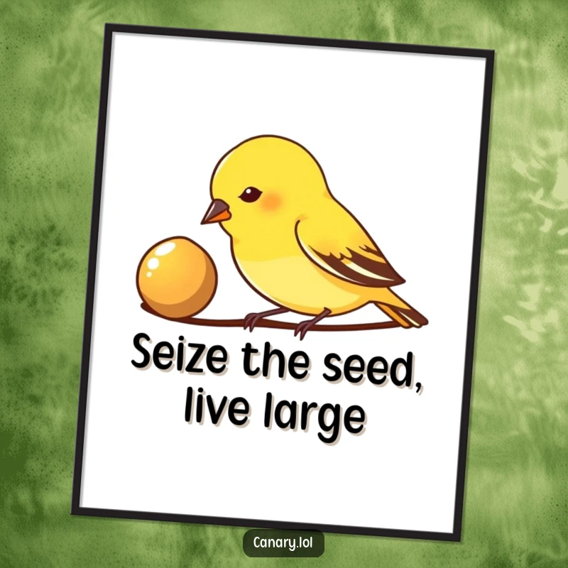 Free Printable Wall Art: A visually appealing small canary bird is depicted pecking with great enthusiasm at a shiny, desirable seed.