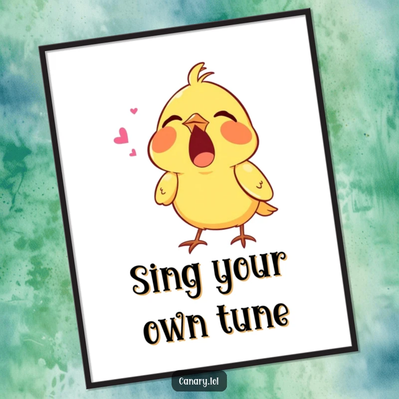 Free Printable Wall Art of a tiny canary singing its heart out with mouth wide open, bringing cheerful, musical vibes to any room.