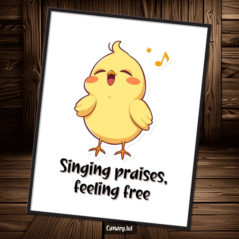 Funny Free Printable Wall Art: A happy canary bird singing with eyes closed and head tilted back, joyful decor.