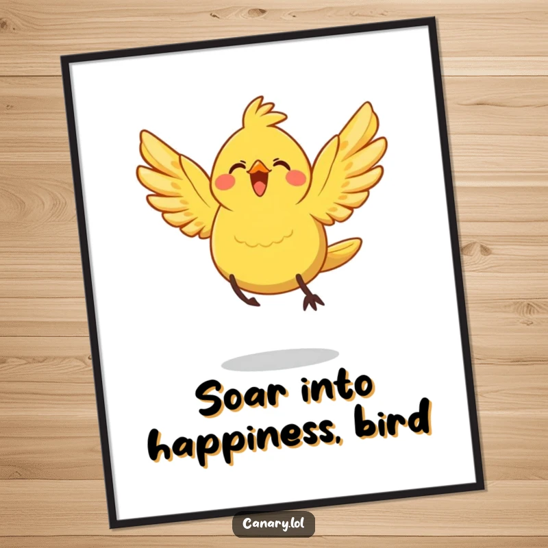 Free Printable Wall Art: A cheerful canary bird, wings spread wide, is captured mid-leap in a moment of pure joy.