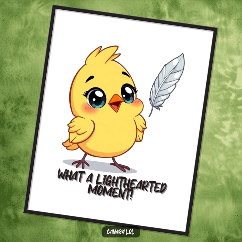Funny Free Printable Wall Art: Astonished canary bird with wide, expressive eyes, witnessing a single feather floating eerily.