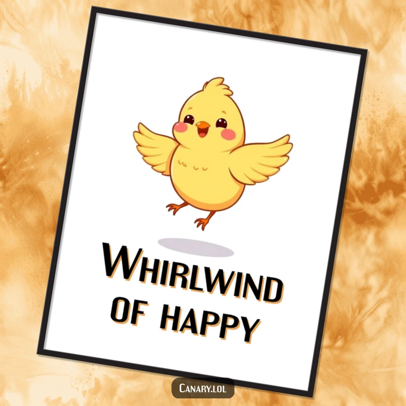 Funny Free Printable Wall Art of a happy canary spinning in a circle with wings flapping energetically and joyfully.