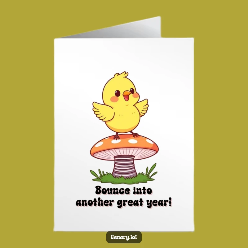 Free Printable Birthday Card: Happy Canary on Mushroom - DIY Download