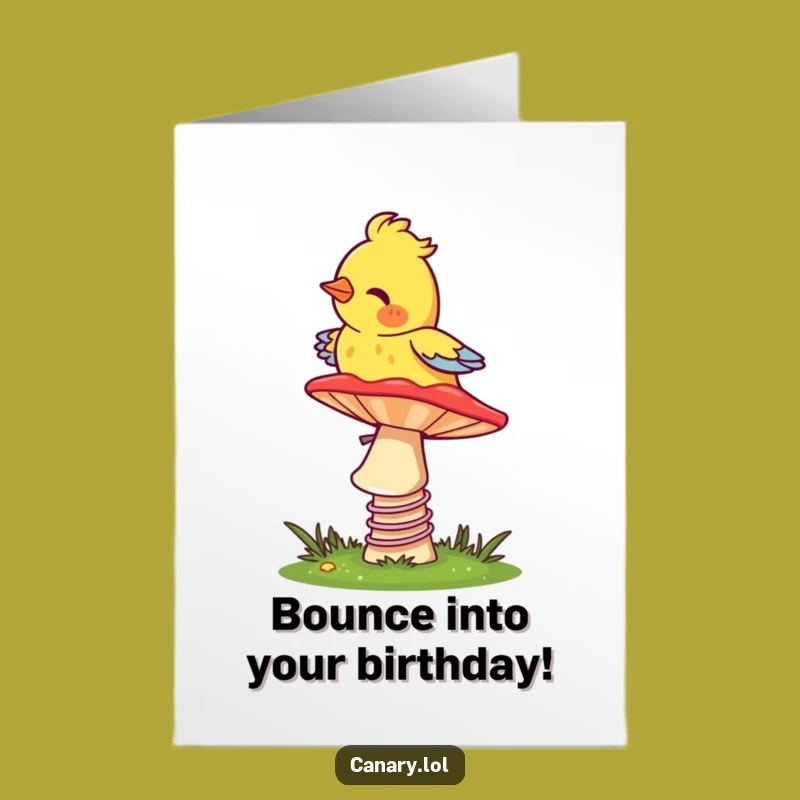 Free Printable Birthday Card: Bouncy Canary on Mushroom Instant Download Fun Gift