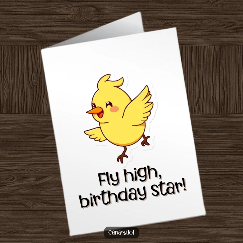 Funny Free Printable Birthday Card: Stylized canary bird with exaggerated smile flies in a cheerful arc, a fun downloadable gift.