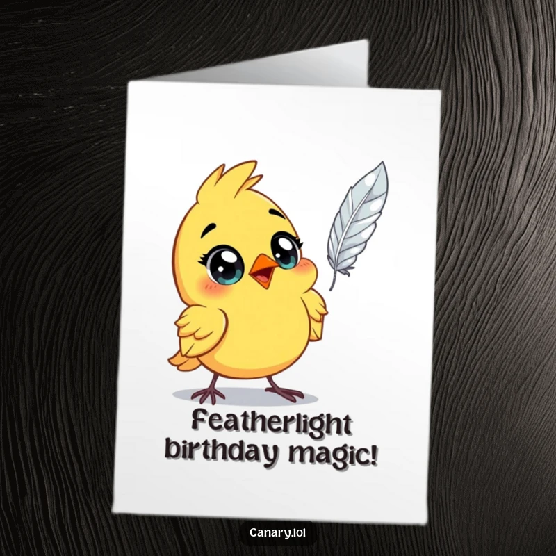 Funny Free Printable Birthday Card: Astonished canary bird with wide eyes, watching a single feather mysteriously float by.