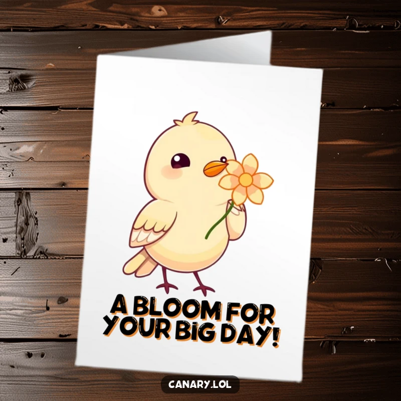 Cute free printable birthday card: A bird adorably offering a single, bright flower with its beak as a birthday present. Floral.