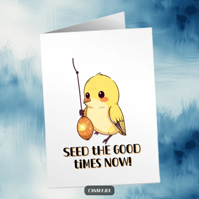Funny free printable birthday card: A curious yellow canary intently pecks at a tiny, glittering seed hanging in the air.