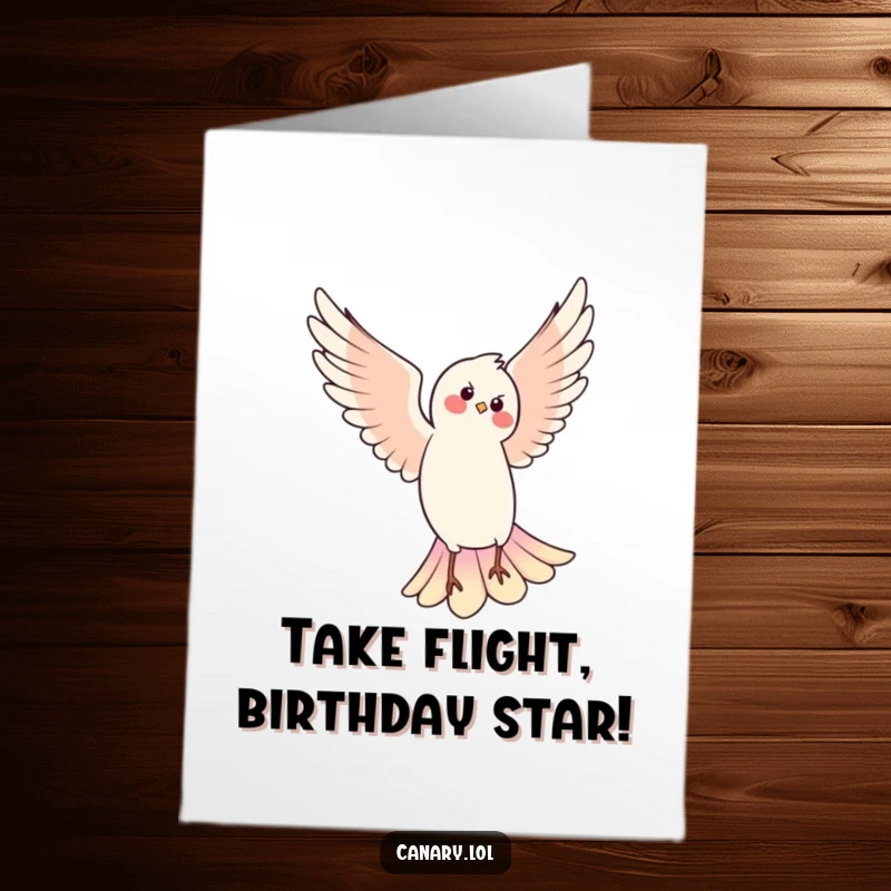 Funny Free Printable Birthday Card: A bird with wings spread performs a joyful pirouette, ready to celebrate your special day.