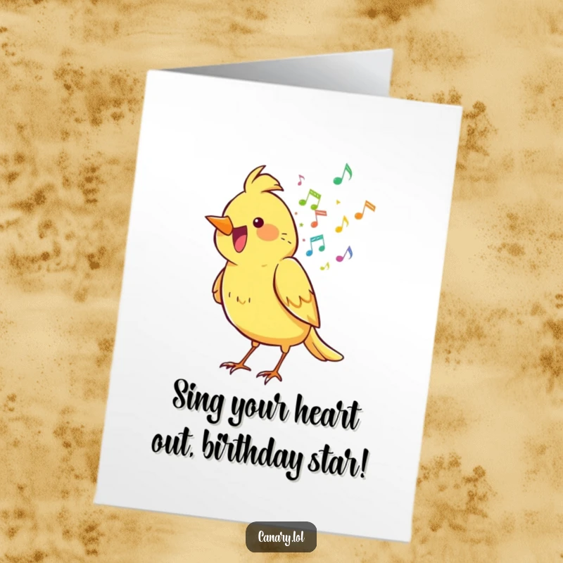 Funny Free Printable Birthday Card: Joyful canary bird spilling colorful musical notes, a hilarious downloadable gift.