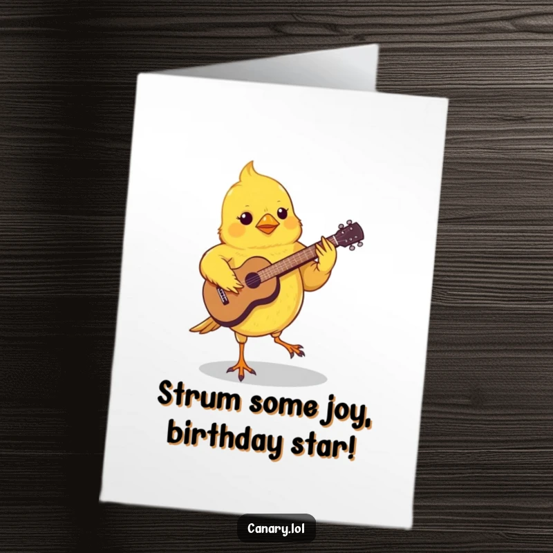 Funny free printable birthday card: A canary grooving, playing a miniature guitar with its tiny feet, rocking out. Musical celebration.