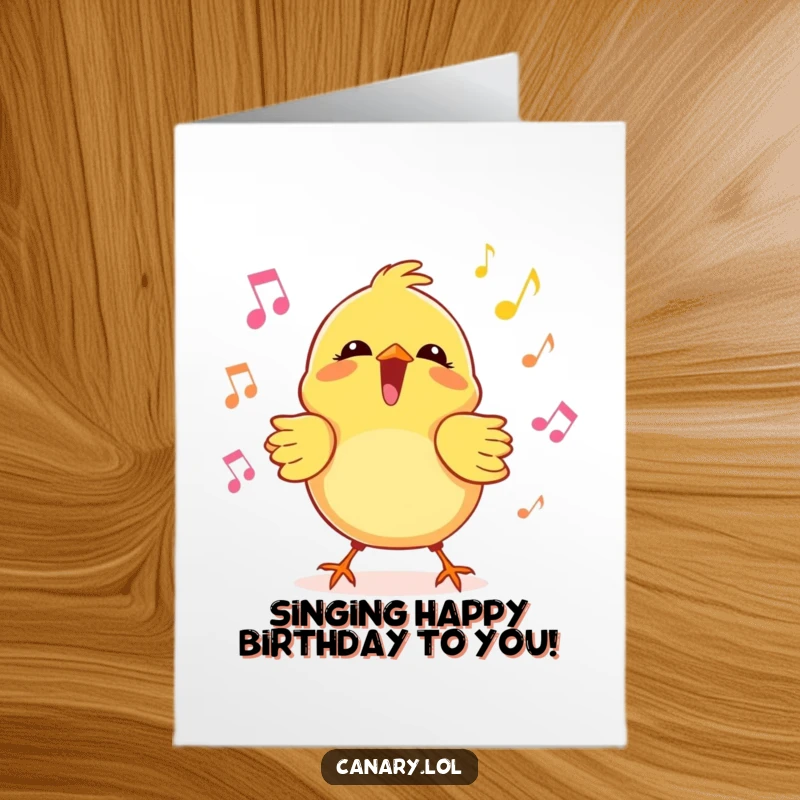Funny free printable birthday card featuring a kawaii canary bird singing joyfully with colorful musical notes floating all around it.
