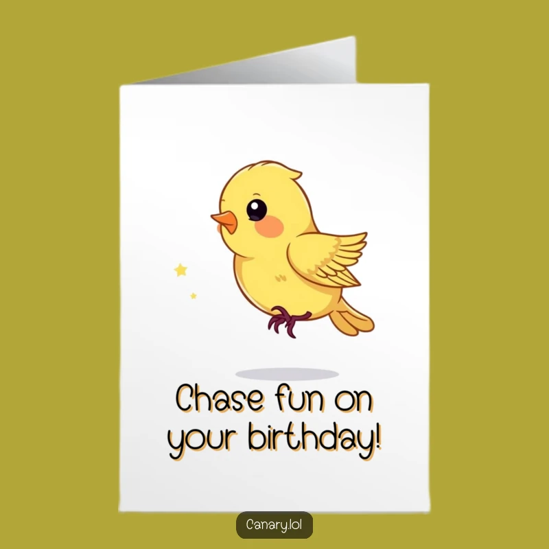 Free Printable Birthday Card: Playful Canary Chasing Sparkle Birthday Gift