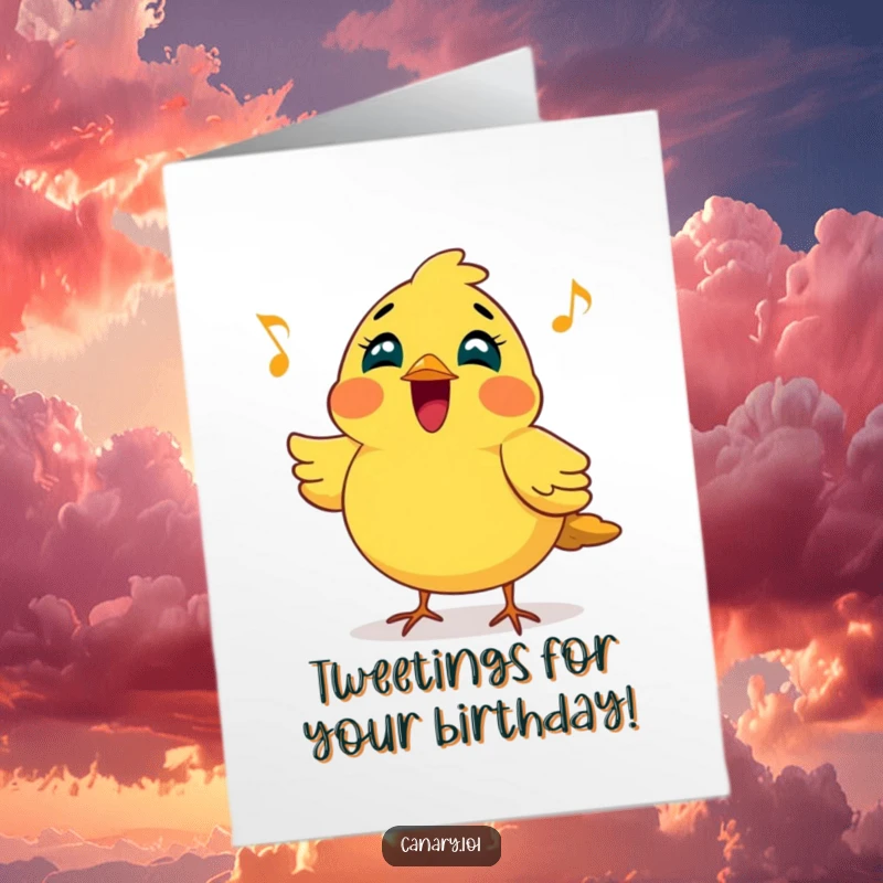 Funny Free Printable Birthday Card: Cheerful canary bird proudly puffed out chest singing a tune.