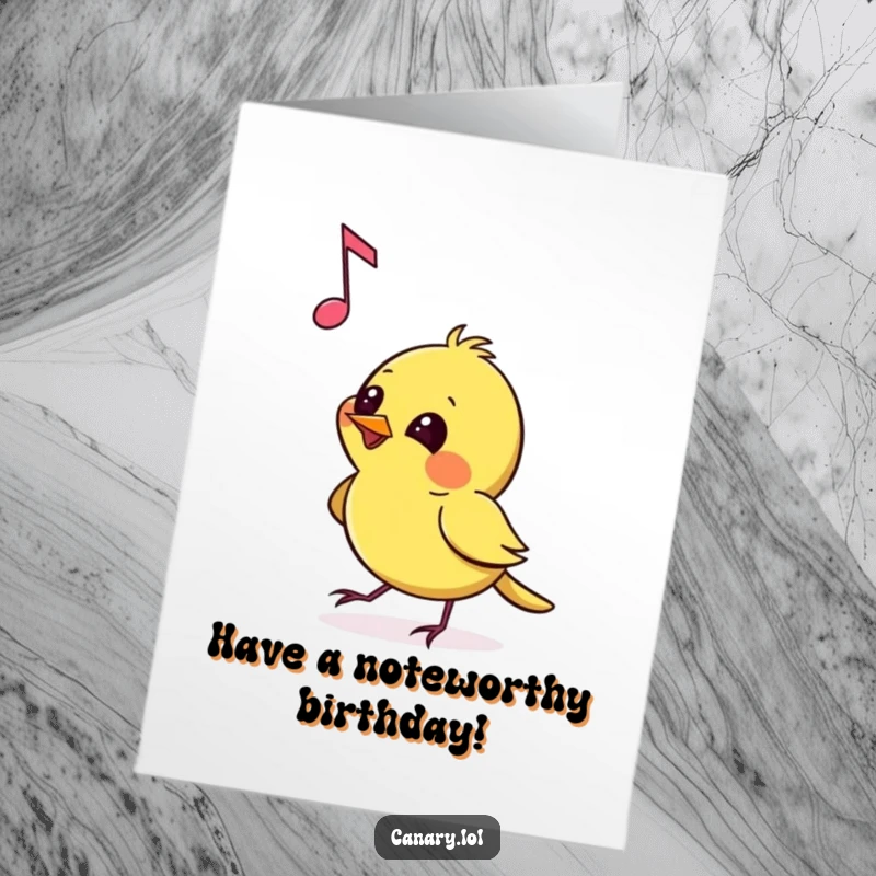Funny Free Printable Birthday Card: A canary with a cheeky expression pecking at a floating musical note with playful mischief.