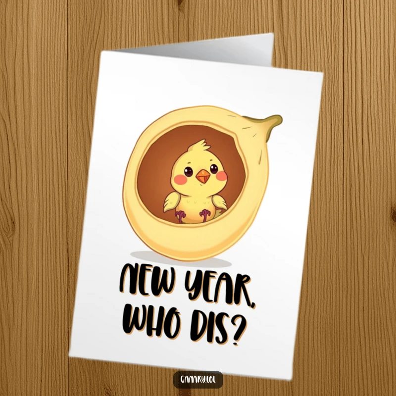 Funny Free Printable Birthday Card: Curious canary bird peeking from a giant seed pod, a whimsical downloadable gift.