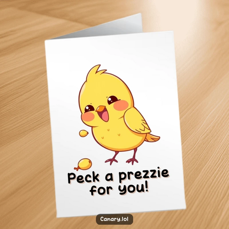 Funny free printable birthday card showing a kawaii canary bird excitedly pecking at a minuscule seed with focused delight.