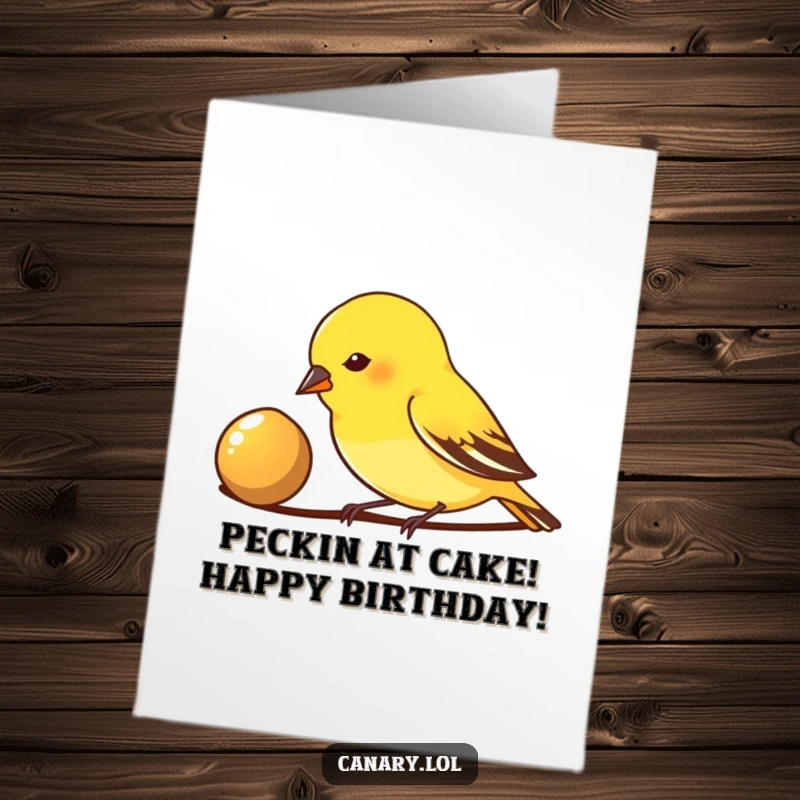 Free Printable Birthday Card: A small canary bird enthusiastically pecks at a shiny seed, focused and happy.