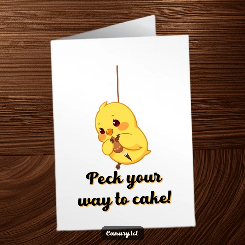 Funny Free Printable Birthday Card: Bright yellow canary playfully pecking at a dangling seed with a focused, happy expression.