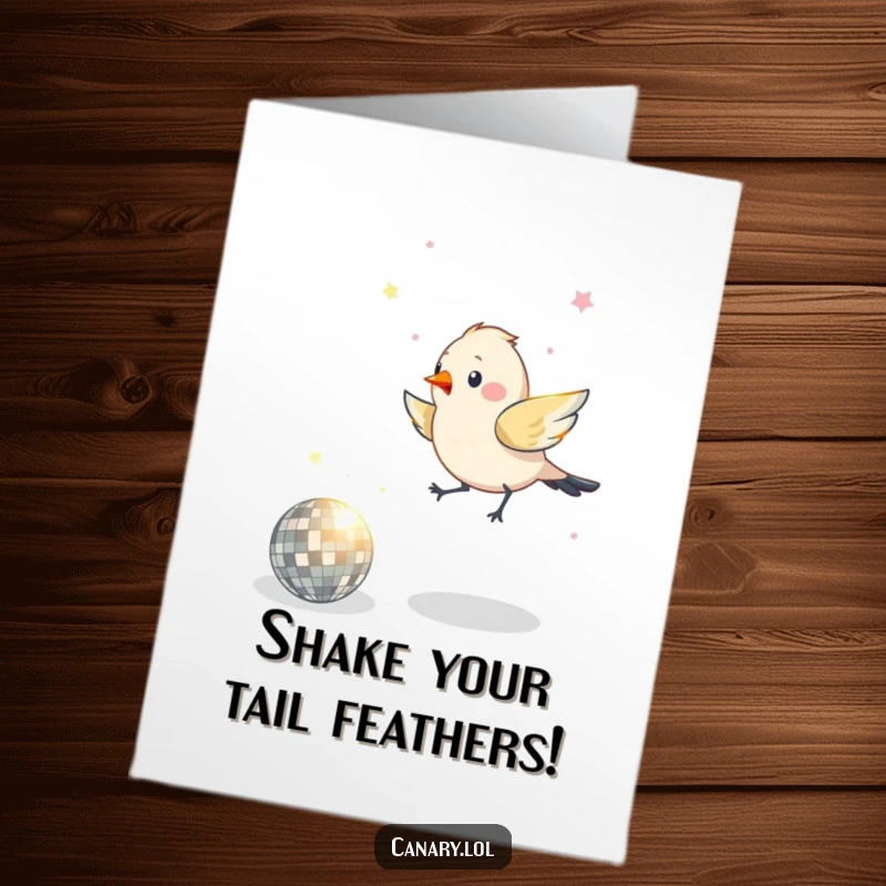 Funny Free Printable Birthday Card: A bird hops ecstatically around a tiny, shimmering disco ball, ready to party hard.