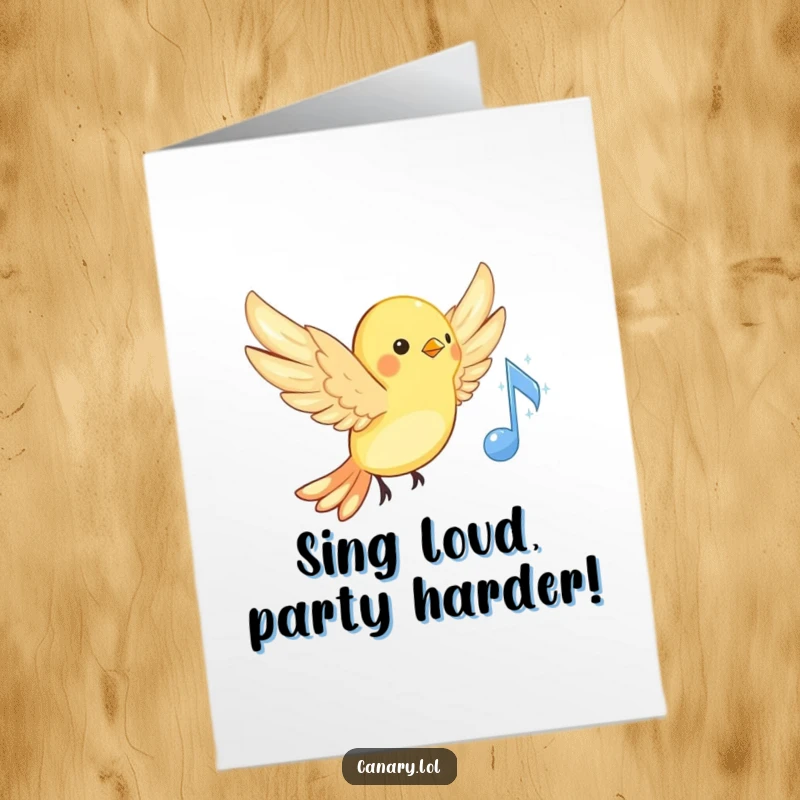 Funny Free Printable Birthday Card: Energetic canary with wings spread near a sparkling musical note, ready to serenade with laughter.