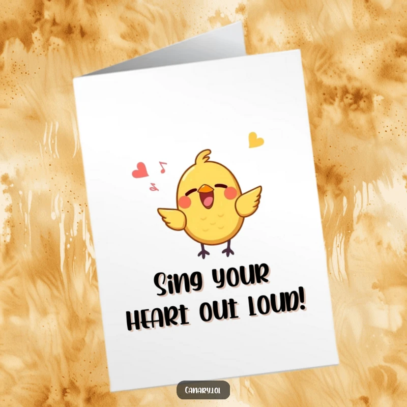 Funny Free Printable Birthday Card: A small, bright yellow bird with its beak wide open, singing a tune with pure joy.