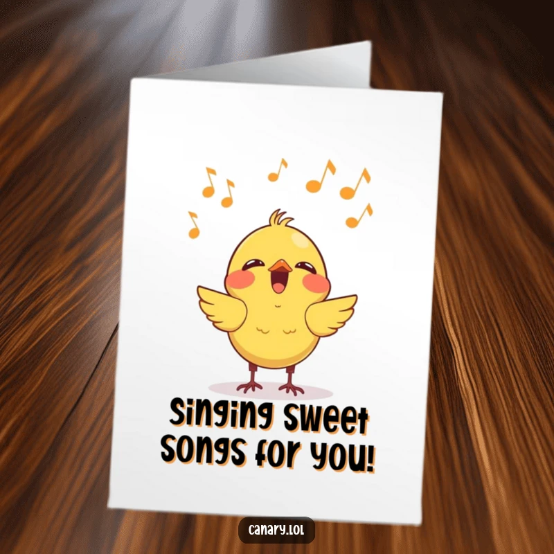 Funny Free Printable Birthday Card featuring a kawaii canary singing joyfully with musical notes floating upwards.