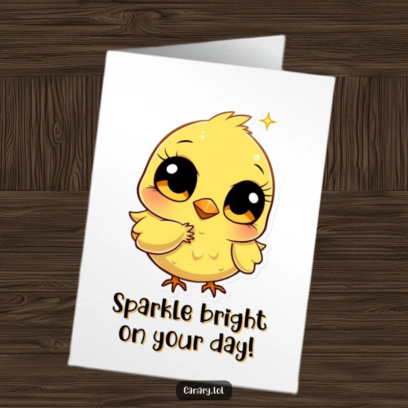 Funny Free Printable Birthday Card showing a stylized canary with big eyes pecking a shimmering golden sparkle.