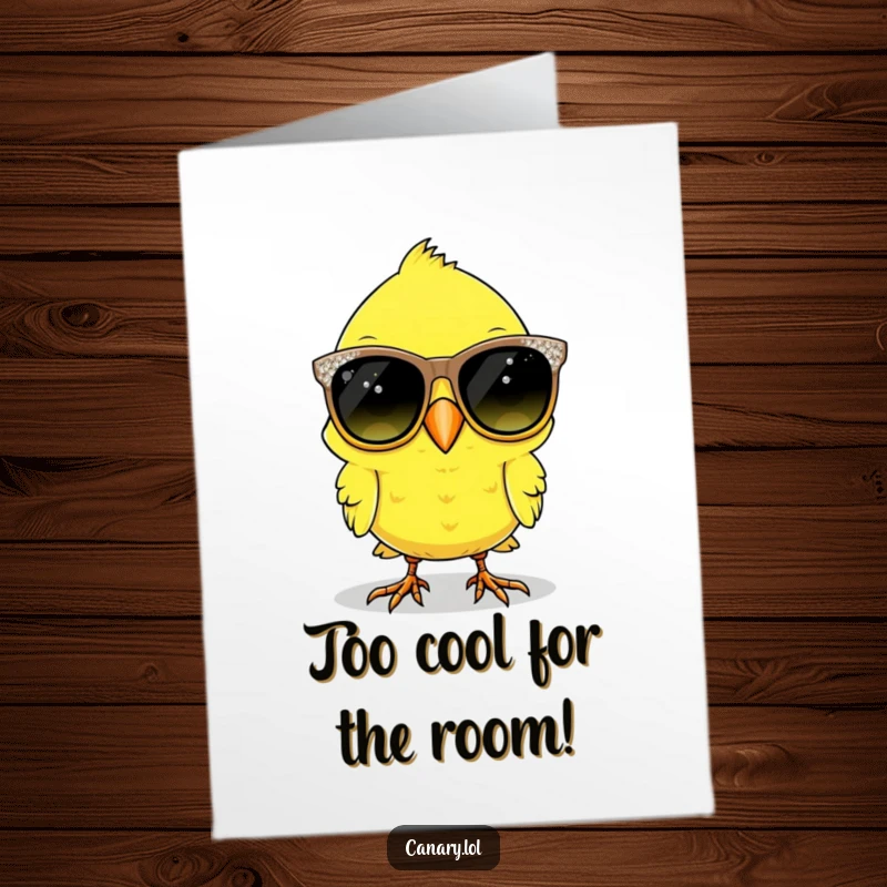 Funny free printable birthday card: A canary bird comically trying on oversized, sparkly sunglasses, looking utterly bewildered.