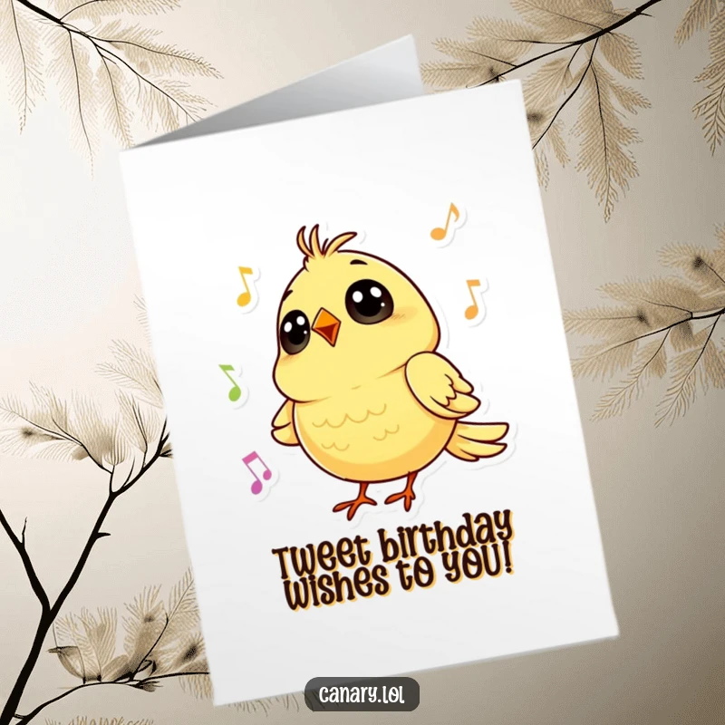 Funny Free Printable Birthday Card: A tiny canary with big eyes sings a happy birthday tune.