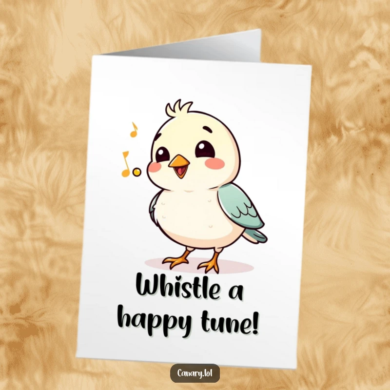 Funny free printable birthday card: A smiling bird with chest puffed out whistles a jaunty tune, celebrating a birthday with gusto.