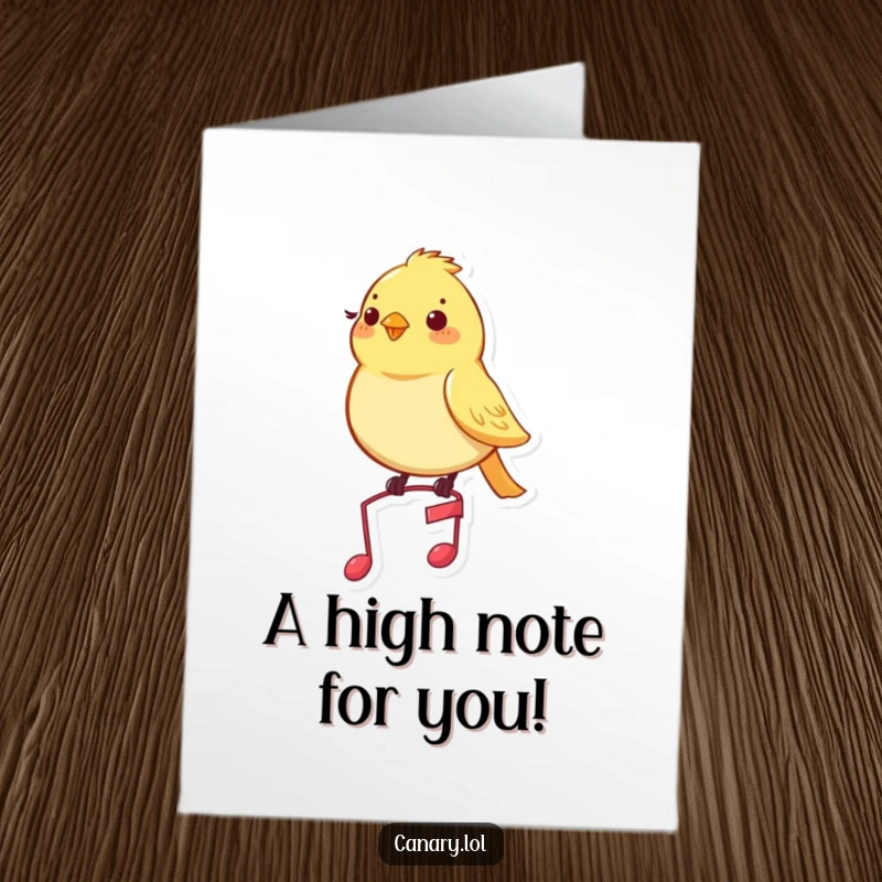 Funny free printable congratulations card with a content canary bird sitting gracefully on a small musical note, radiating satisfaction.