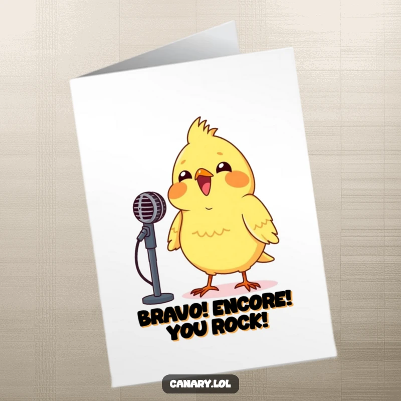 Funny free printable congratulations card: A canary beaming, enthusiastically singing into a tiny microphone, celebrating achievement. Downloadable art.