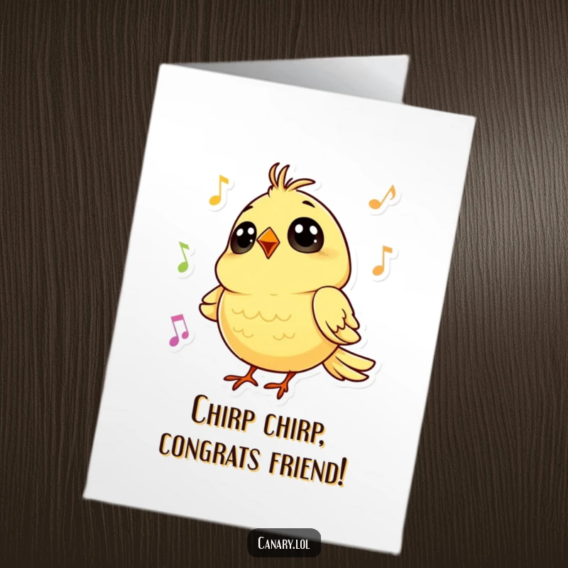 Funny Free Printable Congratulations Card: A tiny canary with big eyes sings a cheerful song of congratulations.