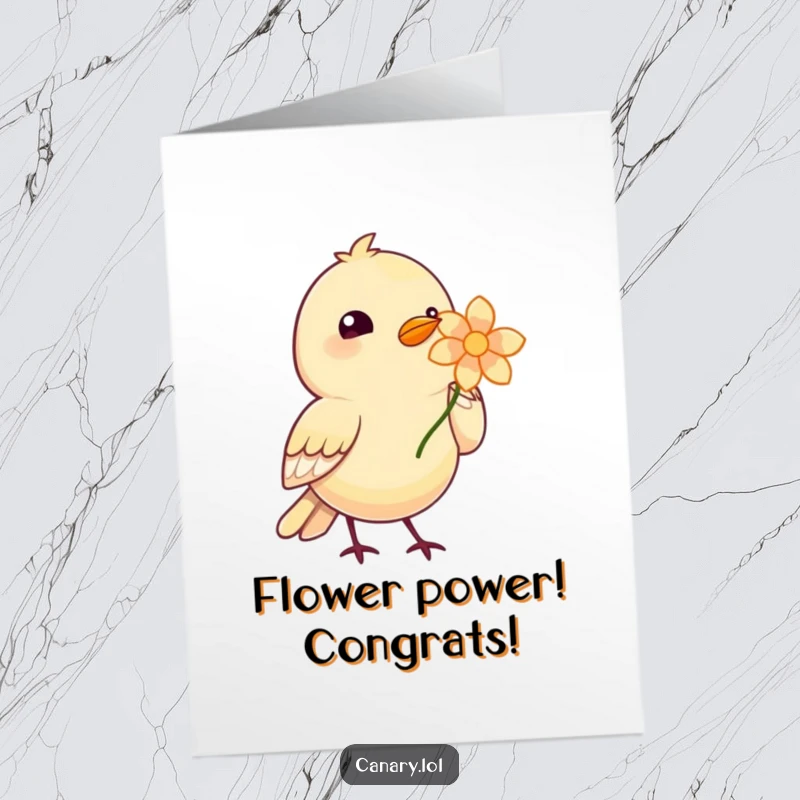 Cute free printable congratulations card: A bird adorably presenting a single, bright flower with its beak. Symbol of success.