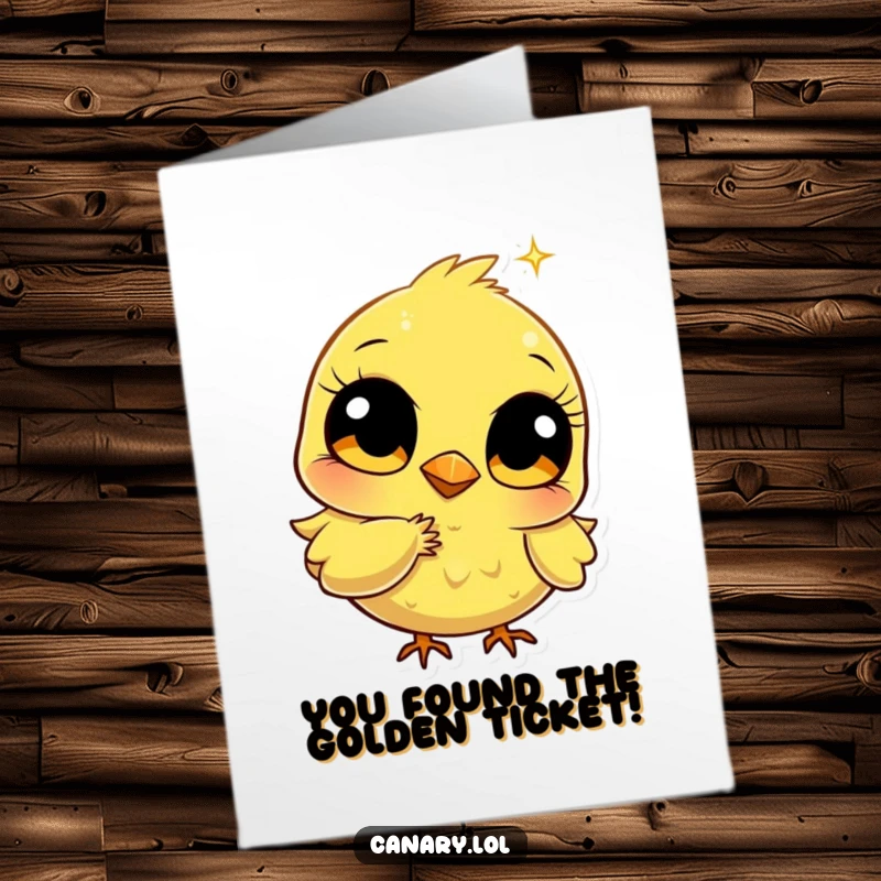 Funny Free Printable Congratulations Card of a stylized canary with wide eyes focused on pecking a bright golden sparkle.